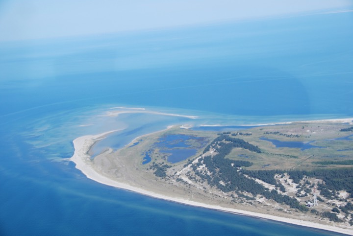 Aerial view of the Darsser Ort headland with dunes and lagoons