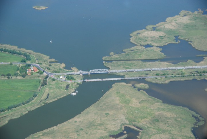Aerial view of the Meiningen bridge between the Bodden and the meadows