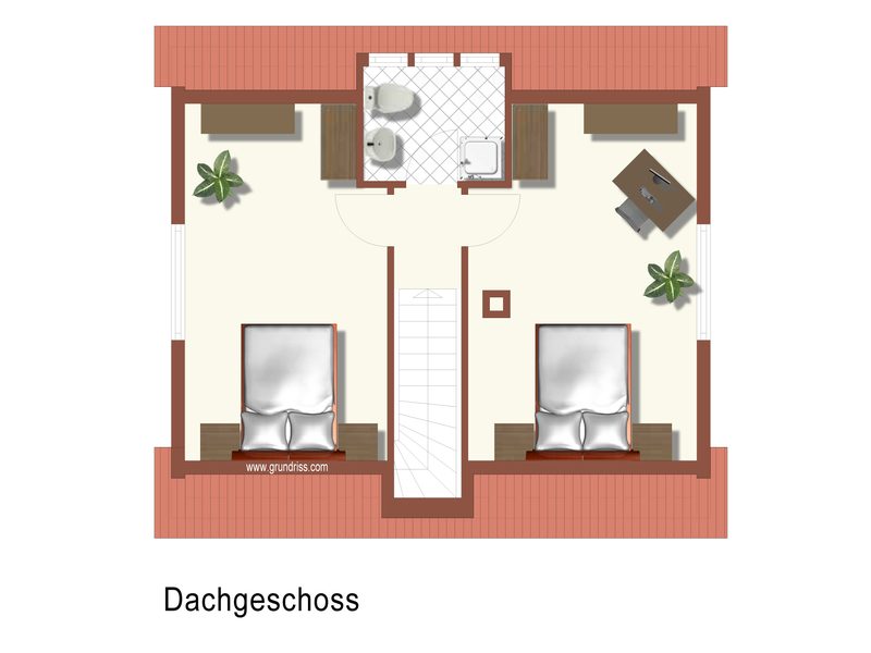 Upper floor plan: two bedrooms with double beds and shower room