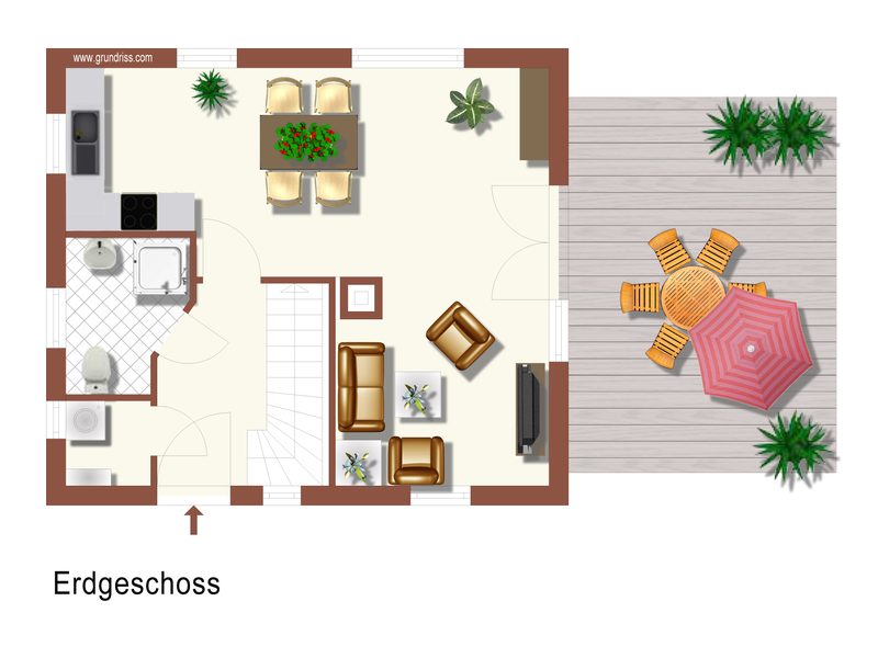 Ground floor plan: kitchen, dining area, living area with fireplace, shower room, utility room and terrace